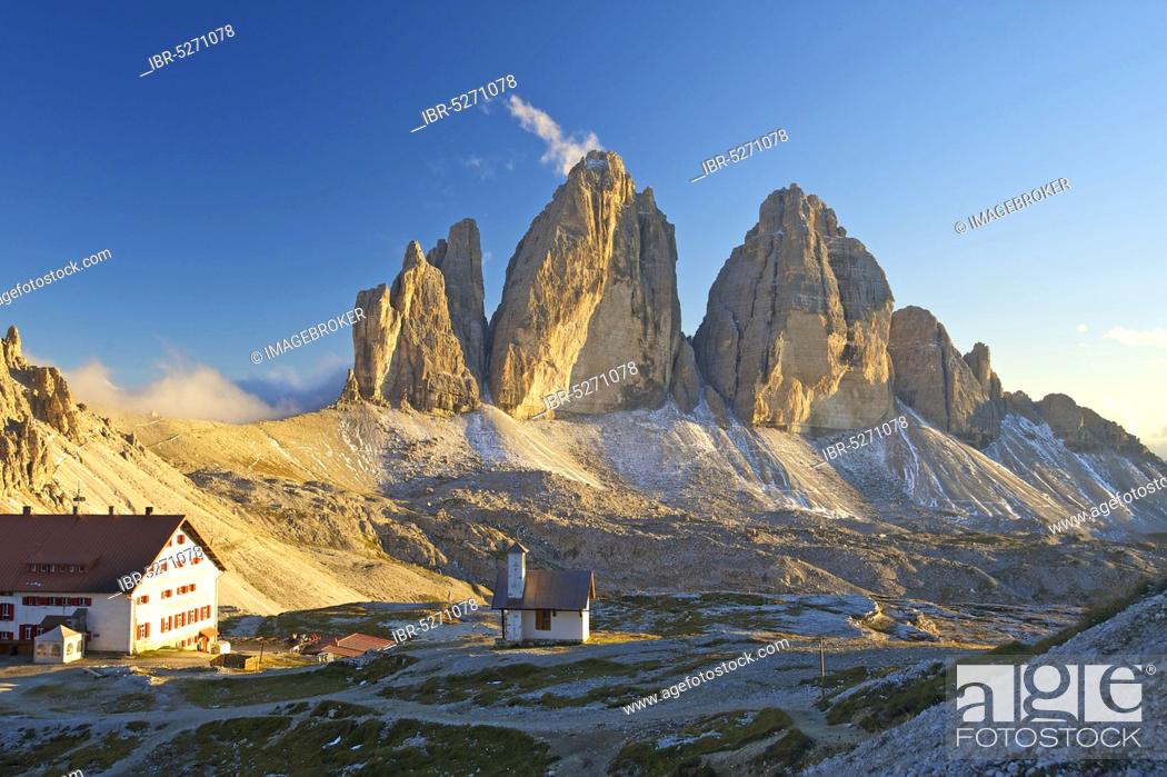 Stock Photo: Three Peaks Hut in front of the north walls of the Three Peaks, Sesto Dolomites, Trentino-South Tyrol, Italy, Europe.