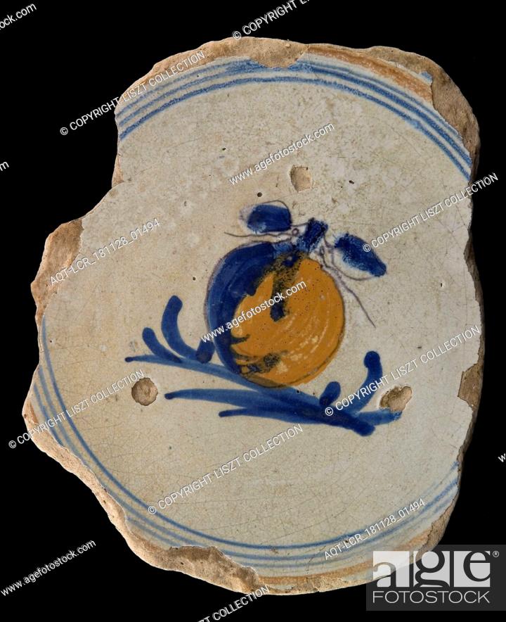 Stock Photo: Fragment majolica dish, polychrome, in the middle one pomegranate, plate crockery holder soil find ceramic earthenware glaze.