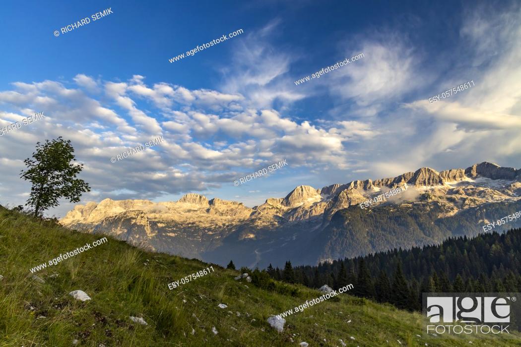 Stock Photo: Dolomites on Italian and Slovenian border around mountain Monte Ursic with 2541 m in Julian Alps.