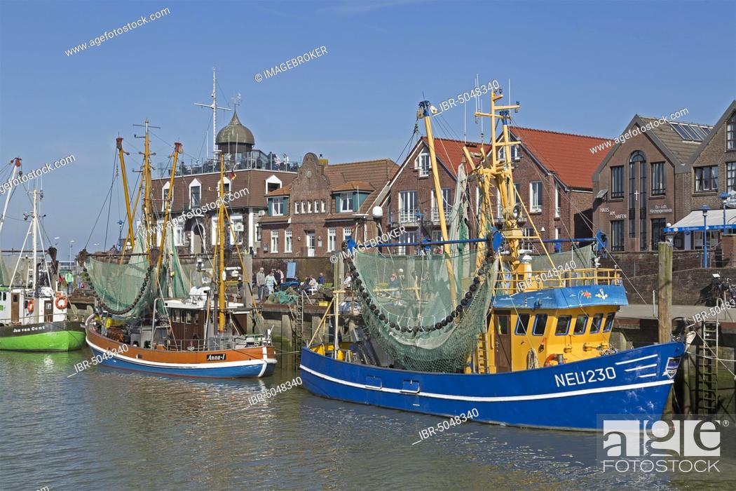 Stock Photo: Colourful shrimp boats in the fishing port, Neuharlingersiel, East Frisia, Niedersachsen, Germany, Europe.