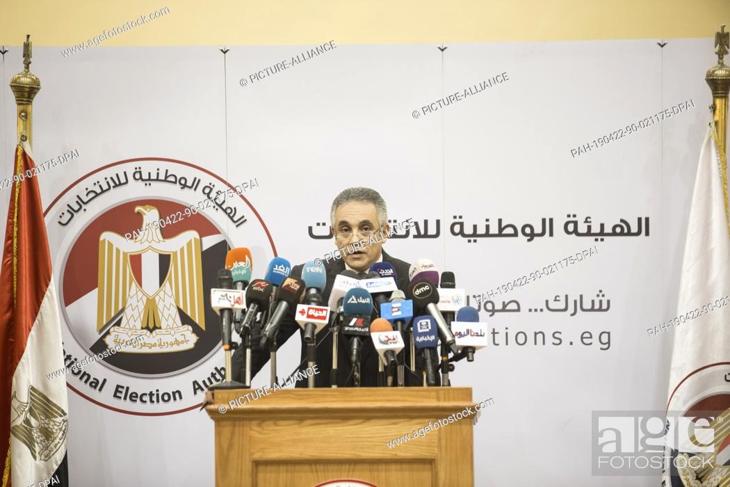 Stock Photo: 22 April 2019, Egypt, Cairo: Mahmoud Helmy el-Sherif, Deputy Chairman and spokesman of the Egyptian National Election Authority (NEA) speaks during a press.