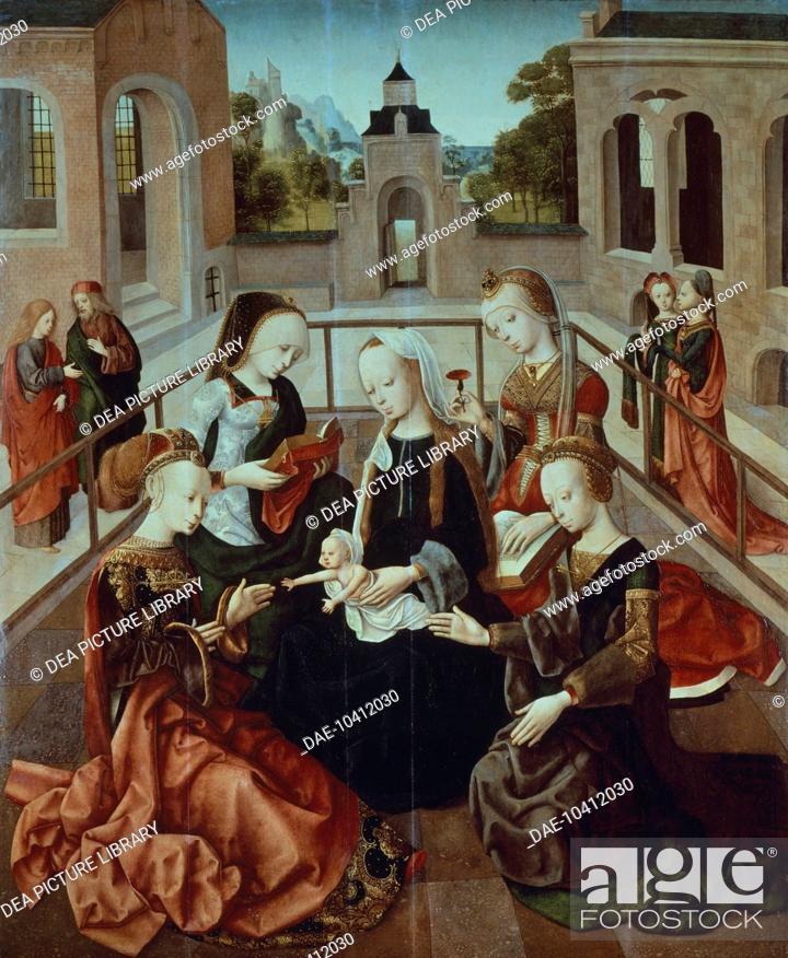 Stock Photo: Mary speaking with Saints Catherine, Cecilia, Barbara and Ursula, ca 1495, by The Master of the Virgo inter Virgines (Virgin among the virgins)(active.