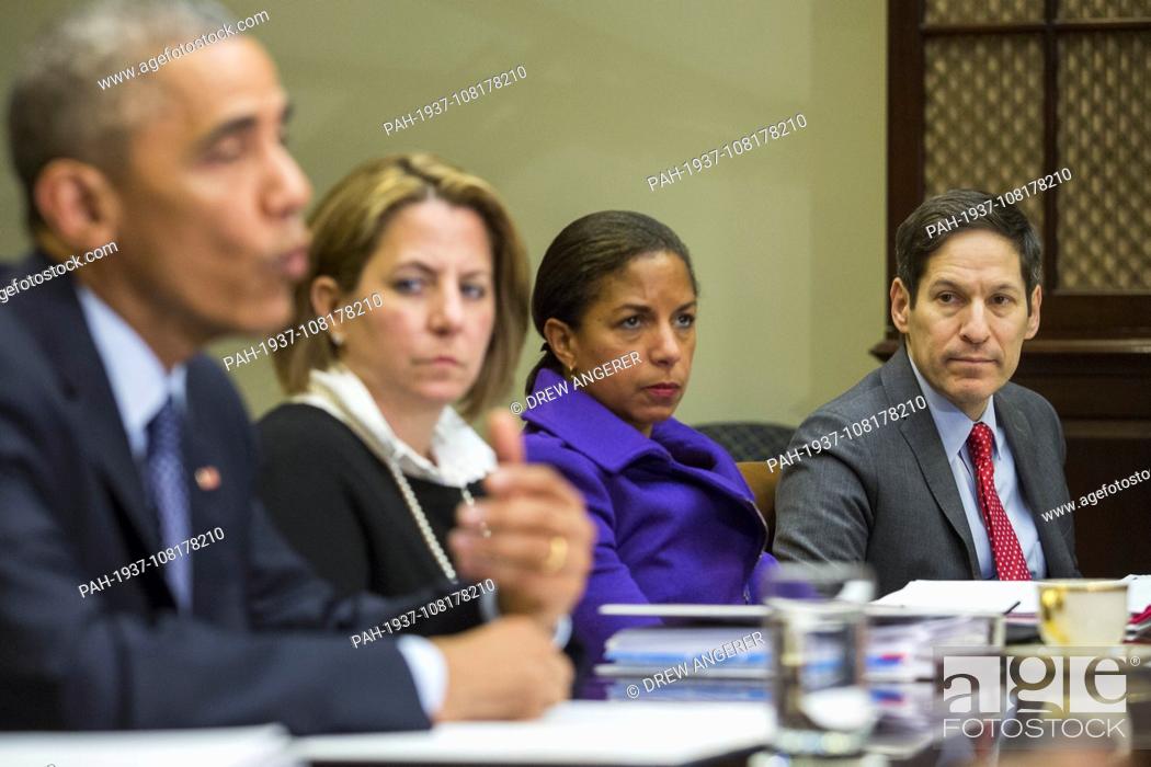Stock Photo: In this file photo from November 18, 2014, United States President Barack Obama speaks to the media, with Lisa Monaco, Homeland Security Advisor to President.