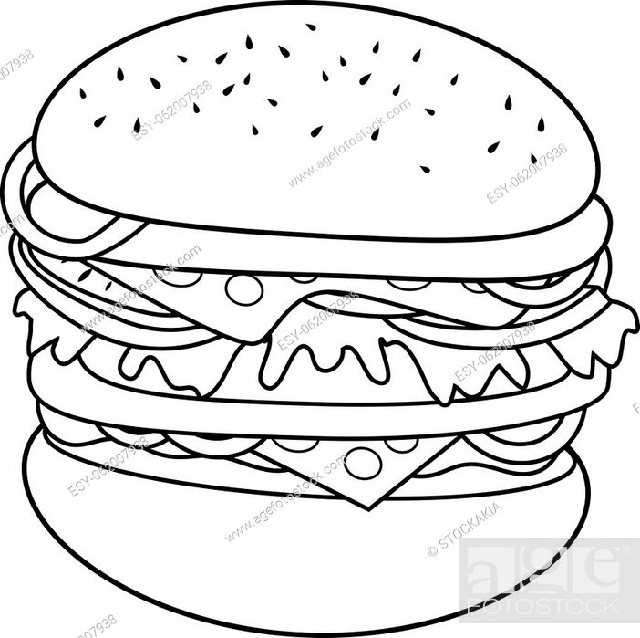 Cartoon hamburger with tomato and cheese. Vector black and white coloring  page, Stock Vector, Vector And Low Budget Royalty Free Image. Pic.  ESY-062007938 | agefotostock