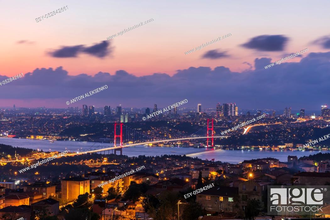 Stock Photo: The 15 July Martyrs Bridge or the Bosphorus bridge in Istanbul, Turkey, night view.