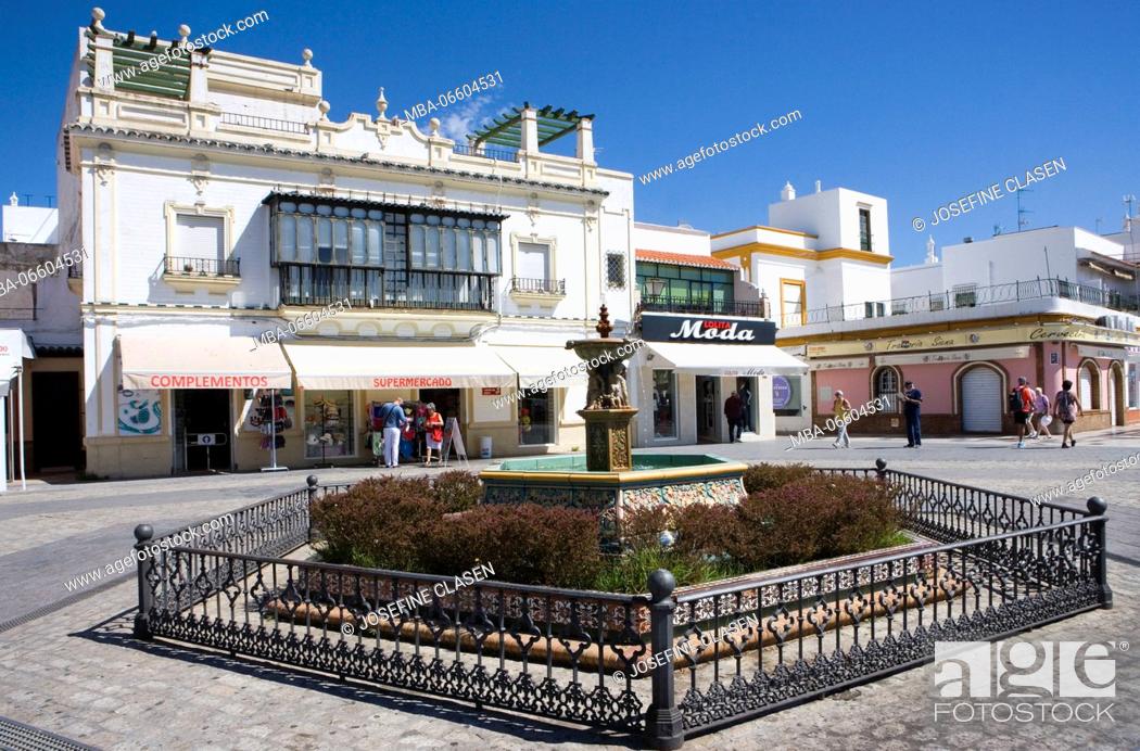 Stock Photo: Ayamonte, frontier town to Portugal, travel, Border is Rio Guadiana (river), approx. 21, 000 inhabitants, Plaza de la Ribera, fountains.
