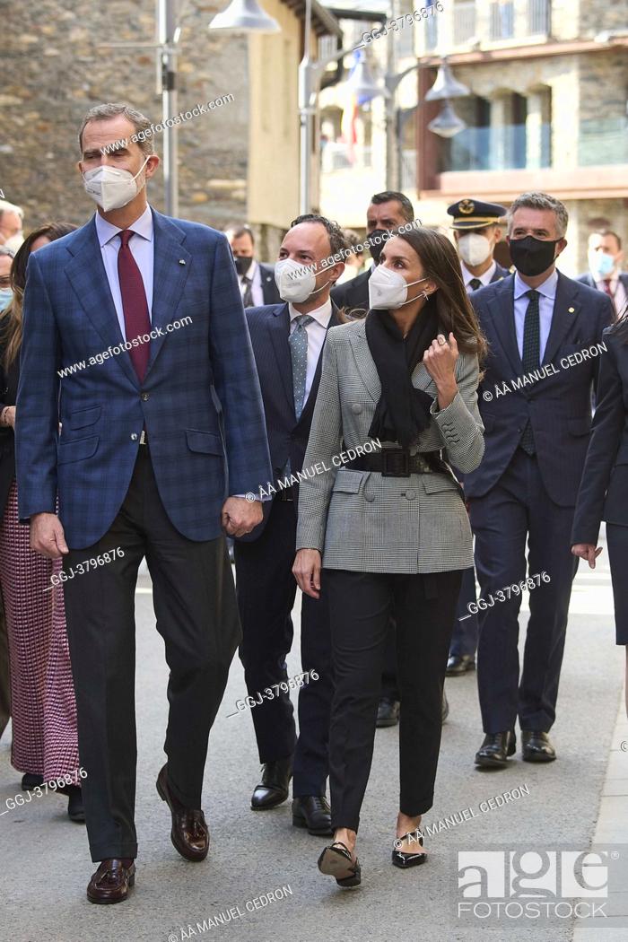 Stock Photo: King Felipe VI of Spain, Queen Letizia of Spain visit Casa d'Areny-Plandolit during 2 day State visit to Principality of Andorra on March 26, 2021 in Ordino.