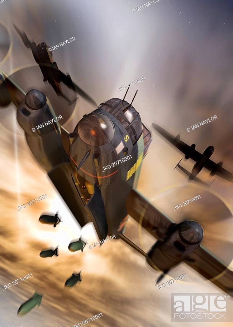 Stock Photo: Military airplane dropping bombs.