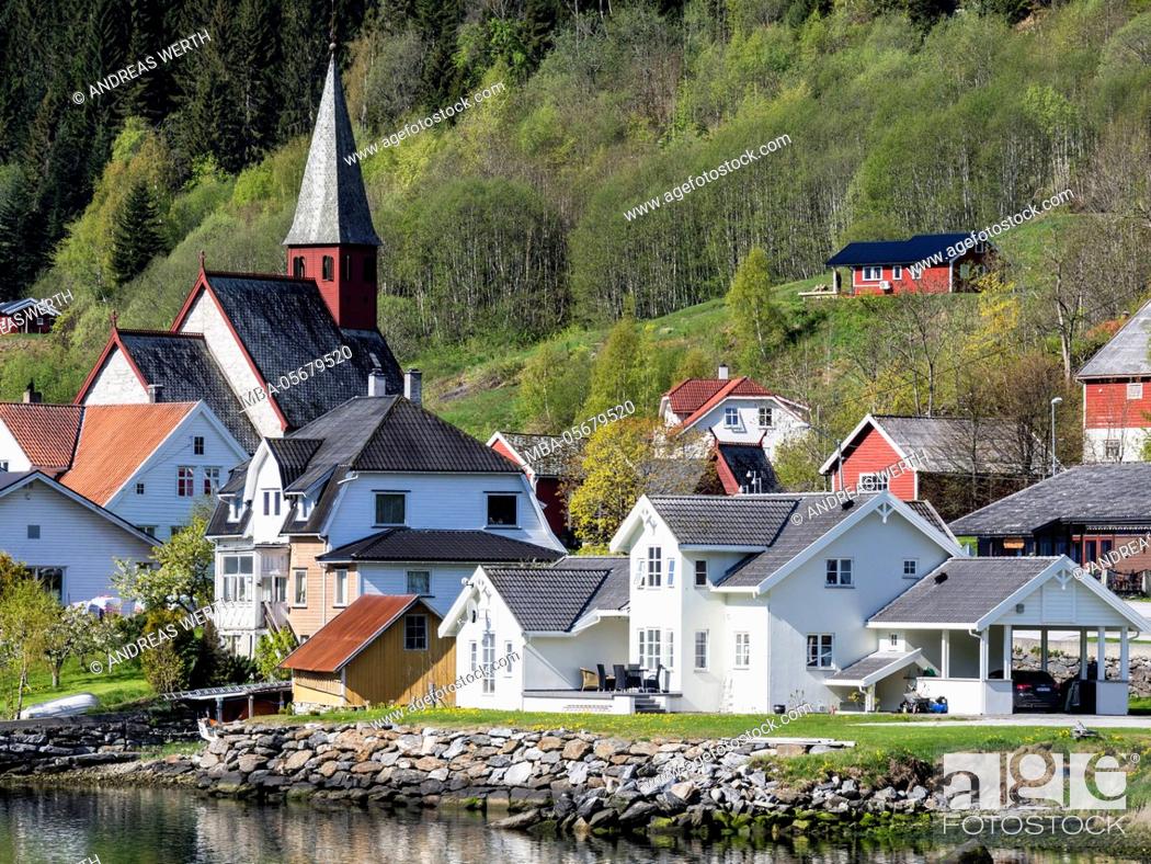 Stock Photo: Historical church of Dalen at the Lustrafjord, inner branch of the Sognefjord, Sogn og Fjordane, Norway.