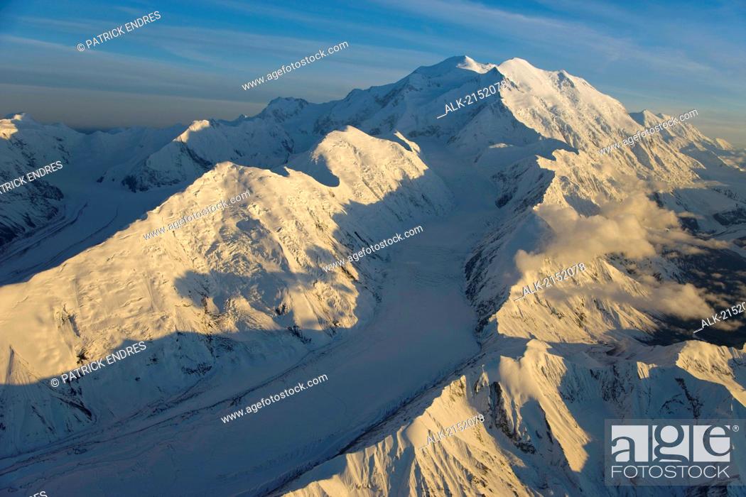 Stock Photo: Aerial Of Muldrow Glacier Flows Between Carpe Ridge (Left) And Pioneer Ridge (Right) Down The Western Slope Of Mt. Mckinley In Interior Alaska.