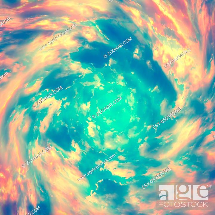 Stock Photo: Spiral tunnel from clouds. Bright colorful fairy tale square background. Abstract texture heaven concept. Vintage toned.