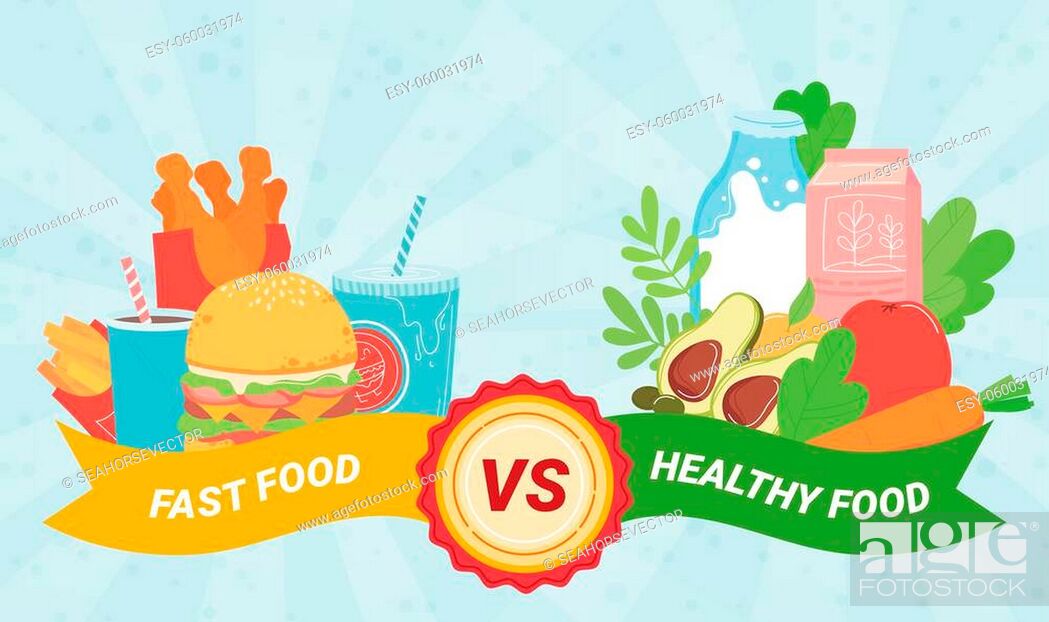 Fast or healthy food, healthy diet, unhealthy lifestyle, fat hamburger  versus fruit salad, Stock Vector, Vector And Low Budget Royalty Free Image.  Pic. ESY-060031974 | agefotostock