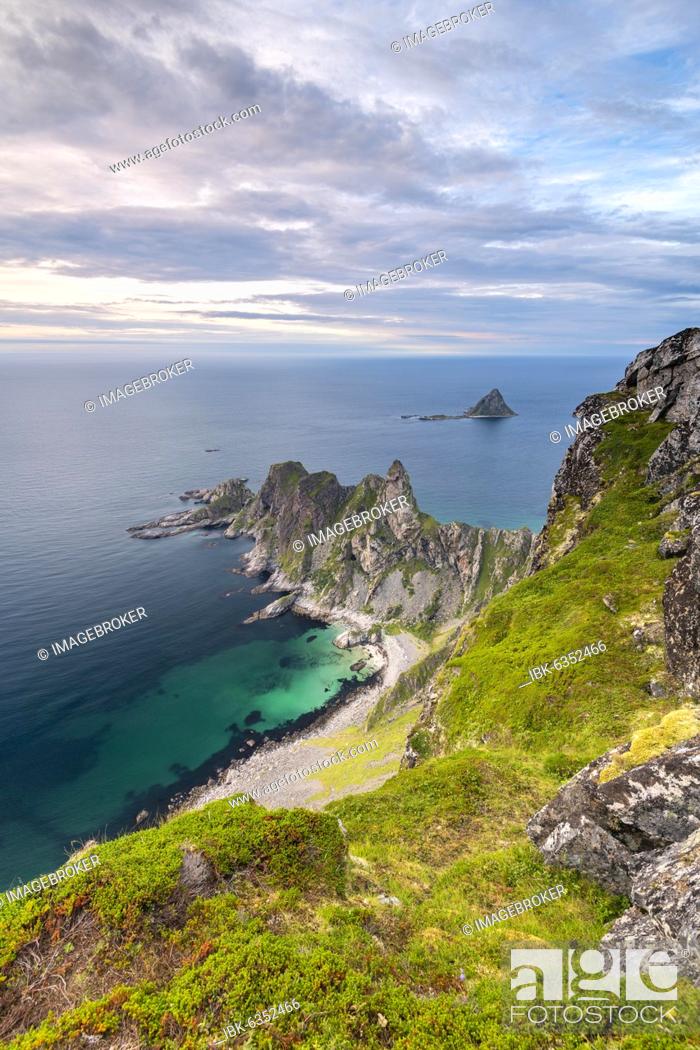 Stock Photo: View from Måtinden Mountain to rocky coast, Bleik, Andoya Island, Vesterålen, Nordland, Nord-Norge, Norway, Europe.