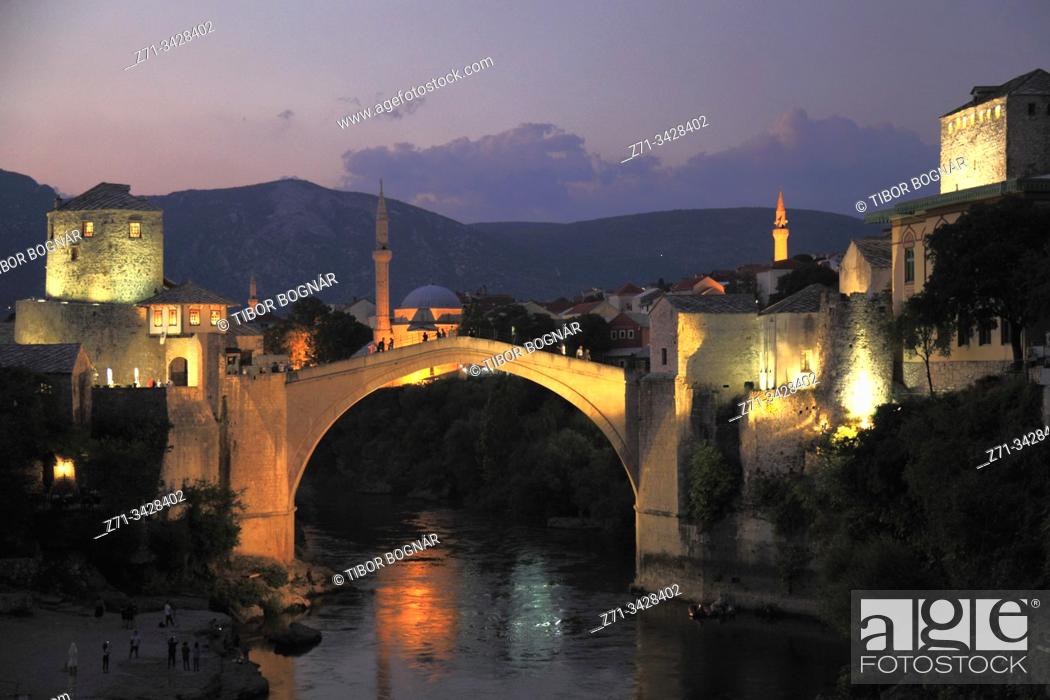 Stock Photo: Bosnia and Herzegovina, Mostar, Old Bridge, Neretva River, night.
