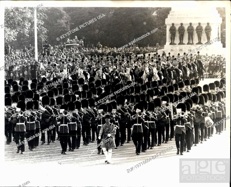 Stock Photo: Jun. 04, 1971 - Household Division Beating Retreat: Members of the Household Division, watched by the Queen and the Duke Of Edinburgh.