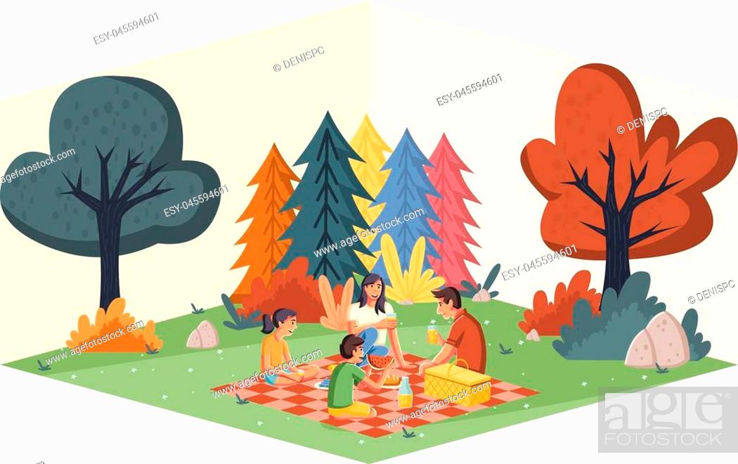 Cartoon family having picnic in the park on a sunny day. Nature background,  Stock Vector, Vector And Low Budget Royalty Free Image. Pic. ESY-045594601  | agefotostock