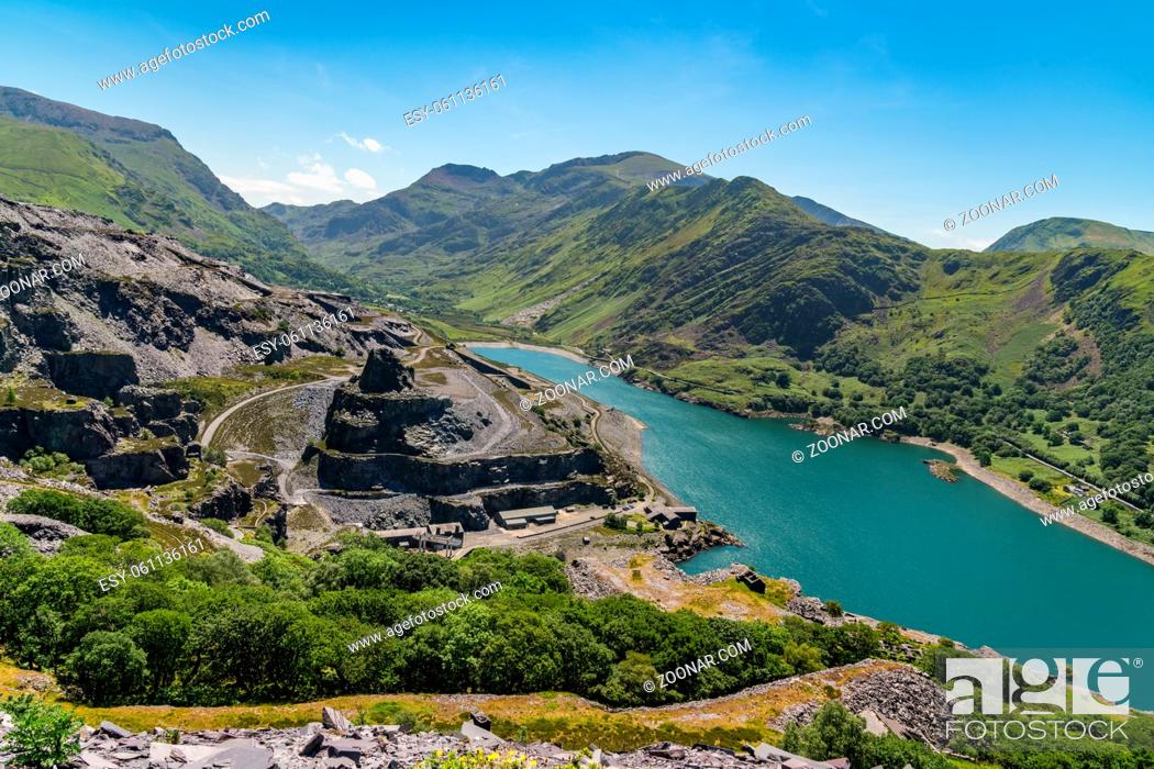 Stock Photo: View from Dinorwic Quarry, near Llanberis, Gwynedd, Wales, UK - with Llyn Peris, the Dinorwig Power Station Facilities and Mount Snowdon in the background.