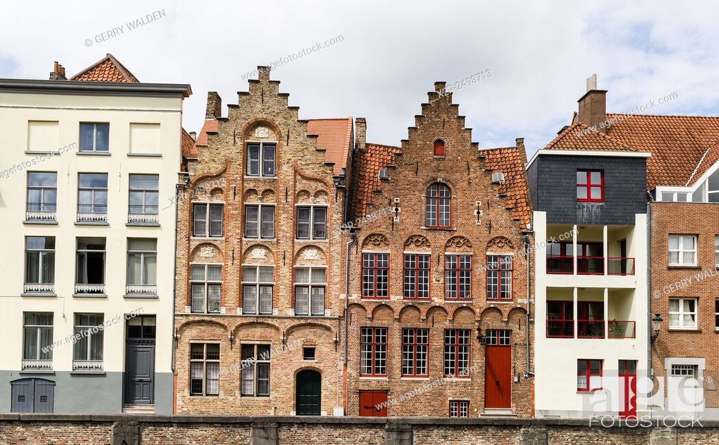 Stock Photo: Typical Flemish architecture along the Spiegelrei in Brugge, Belgium.