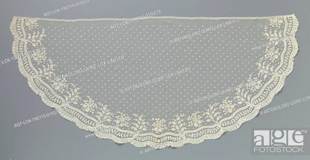 Stock Photo: Voile of application side with wavy campane edge, Voile of natural-colored application side, bobbin lace appliqué on machine tulle. Half-moon shaped.