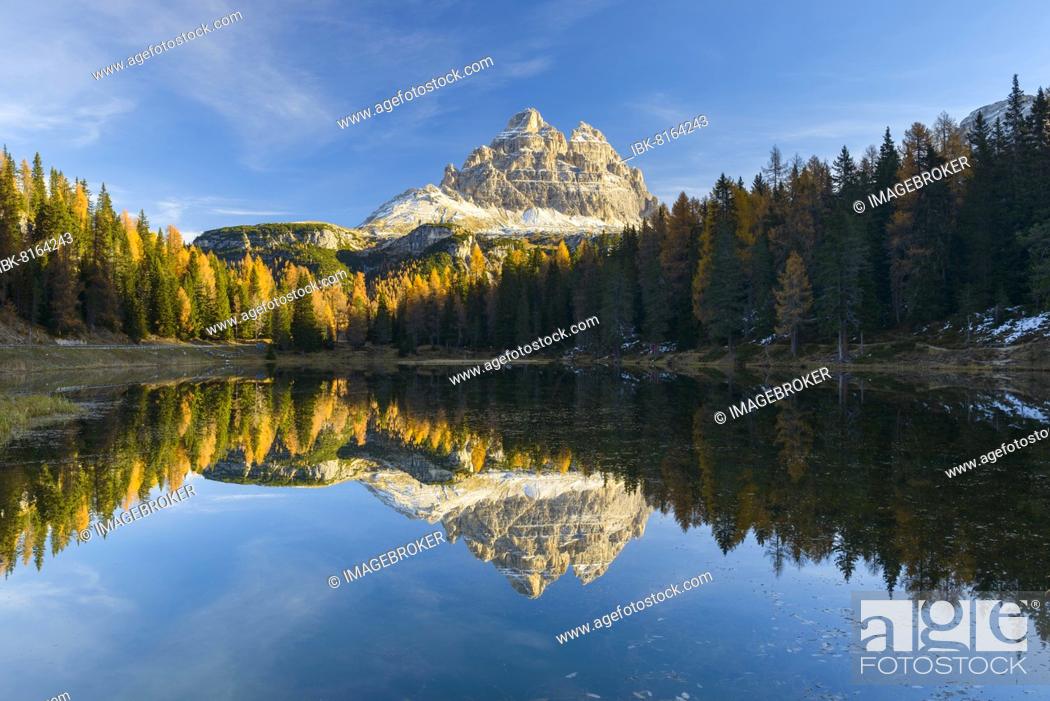Stock Photo: Antorno lake towards Tre Cime di Lavaredo mountain reflected in lake, Drei Zinnen, Autumn, Cadore, Misurina, Belluno District, Veneto, Dolomites, Italy, Europe.