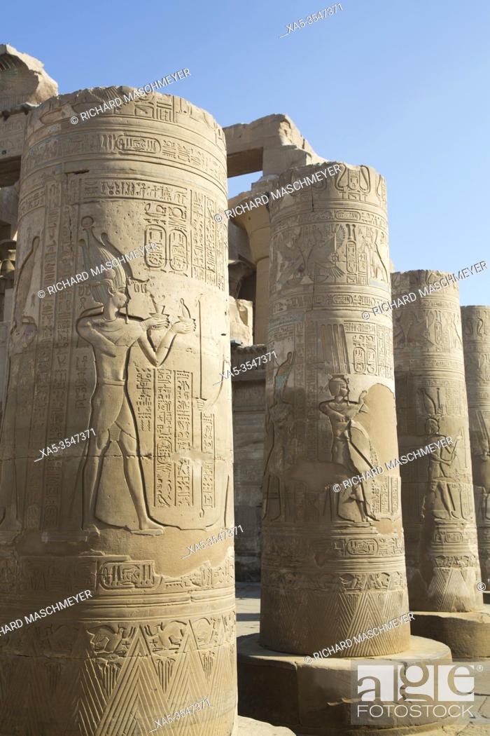 Stock Photo: Columns with Reliefs, Temple of Sobek and Haroeris, Kom Ombo, Egypt.