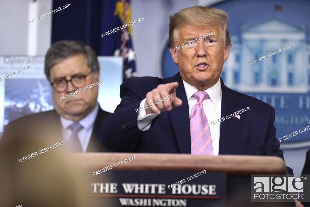 Stock Photo: United States President Donald J. Trump speaks during a press conference in the Brady Press Briefing Room of the White House on April 1, 2020 in Washington, DC.