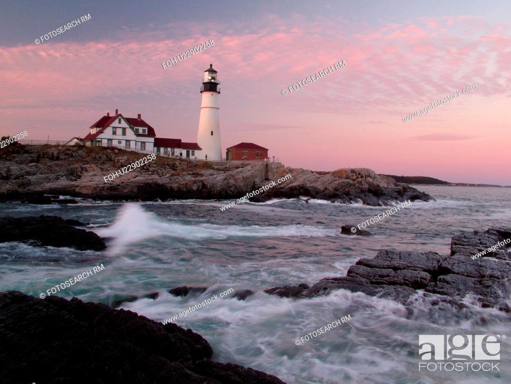 Stock Photo: Cape Elizabeth, ME, Maine, Portland Head Light Lighthouse, Fort Williams Park, sunset.