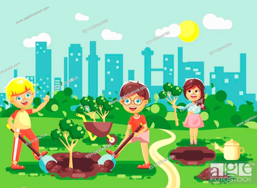 Stock vector illustration cartoon characters of children boy and girl  planting in garden seedlings..., Stock Vector, Vector And Low Budget  Royalty Free Image. Pic. ESY-053044788 | agefotostock
