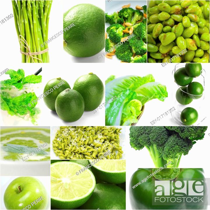 Stock Photo: green healthy food collage collection nested on white frame.