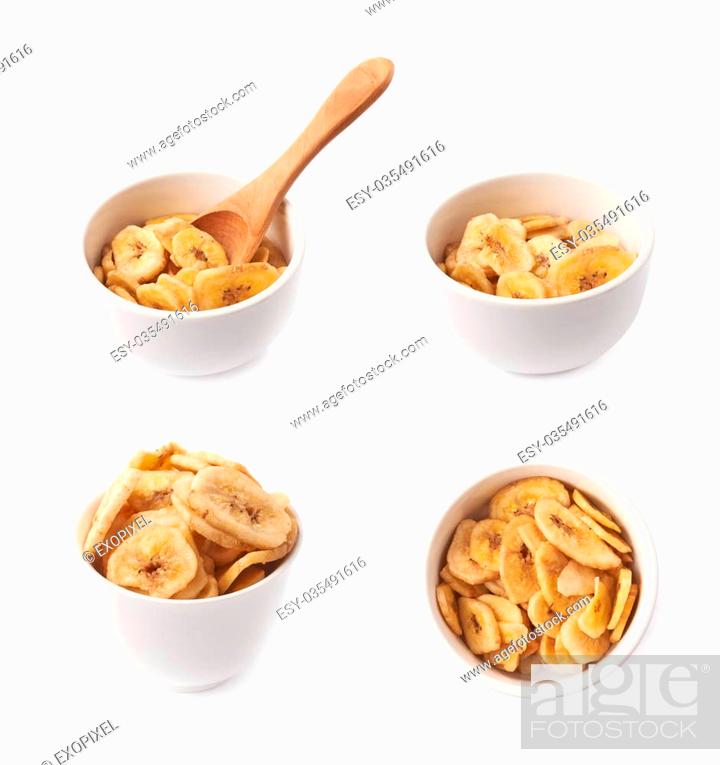 Stock Photo: Small white ceramic bowl filled with the dried banana slices, composition isolated over the white background, set of four different foreshortenings.