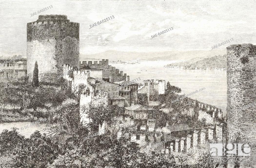 Stock Photo: Roumeli Hissar Castle, on the Bosphorus, Constantinople, Istanbul, Turkey, drawing by Michetti from a photograph by the Abdullah brothers, drawing by Burlando.