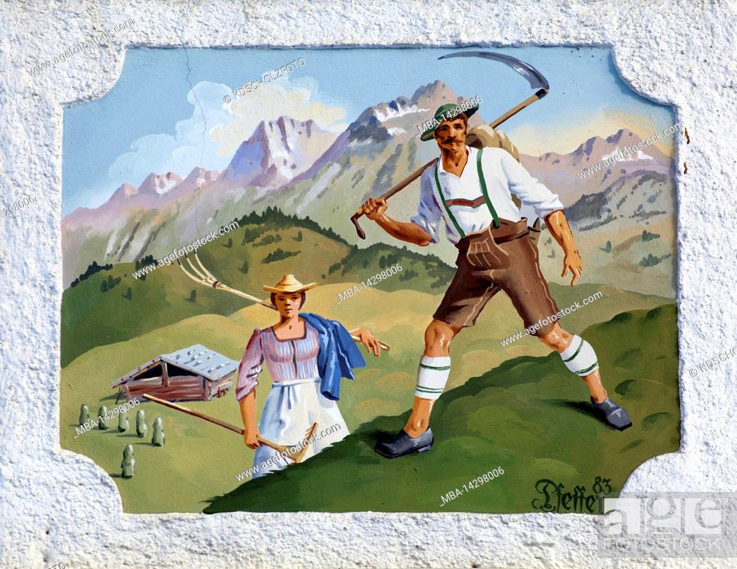 Stock Photo: the work on the alpine pasture, alpine Lüftlmalerei (traditional painting) in Wallgau, Oberes Isartal, Upper Bavaria.