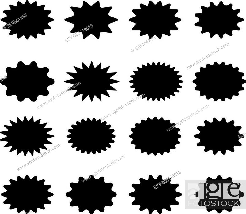 Stock Vector: Starburst speech bubble set oval shape with rounded corners. A set of stars with different number of rays. Vector illustration.