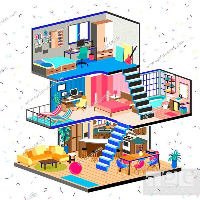 Cartoon family house in cut. Detailed modern interior inside house, Stock  Vector, Vector And Low Budget Royalty Free Image. Pic. ESY-055614888 |  agefotostock