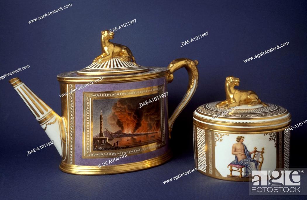 Stock Photo: Teapot decorated with Vesuvius erupting at night and sugar bowl decorated with classic images, possibly Apollo Citaredo, Giuoco souvenir from the Kingdom of Two.
