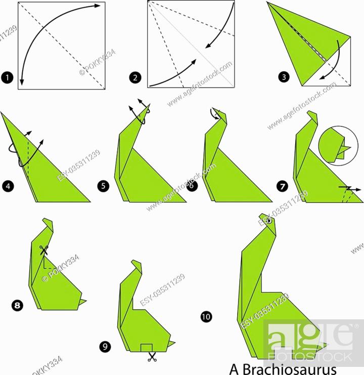 Step by step instructions how to make origami A Dinosaur, Foto de Stock,  Vector Low Budget Royalty Free. Pic. ESY-035311239 | agefotostock
