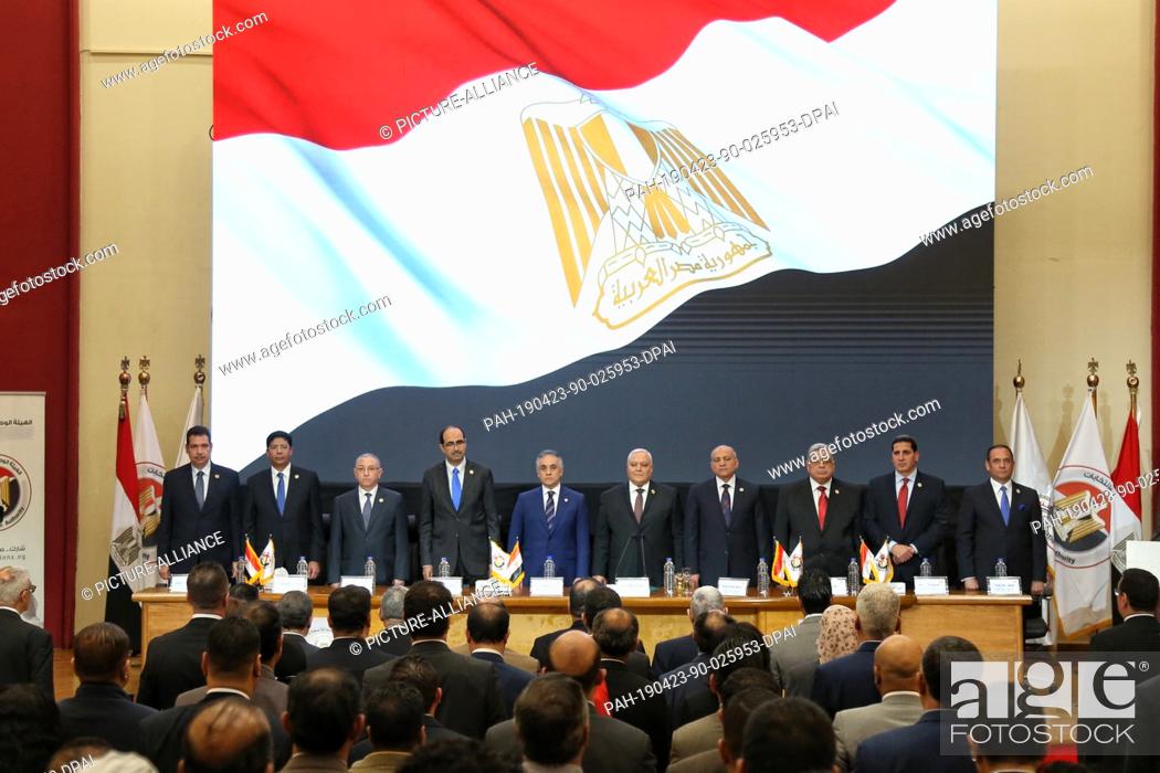 Stock Photo: 23 April 2019, Egypt, Cairo: Lasheen Ibrahim, (5-R), head of the Egyptian National Elections Authority (NEA), attends a press conference at the NEA's.