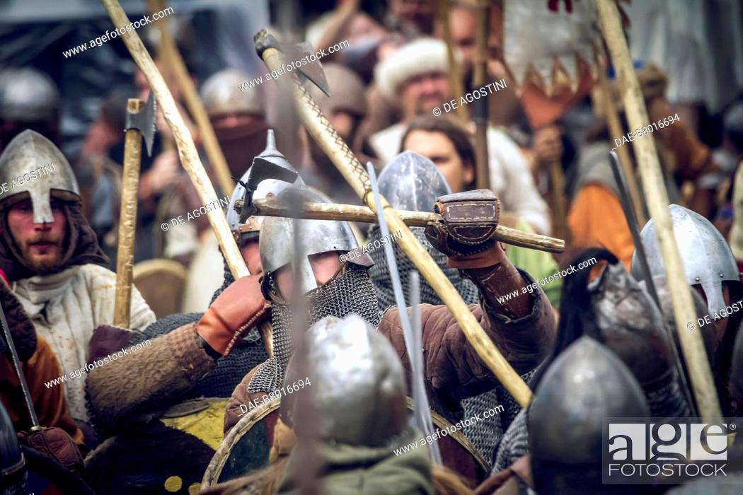 Stock Photo: Warriors in battle, Festival of Slavs and Vikings, Centre of Slavs and Vikings, Jomsborg-Vineta, Wolin island, Poland. Slavic and Viking civilisation.