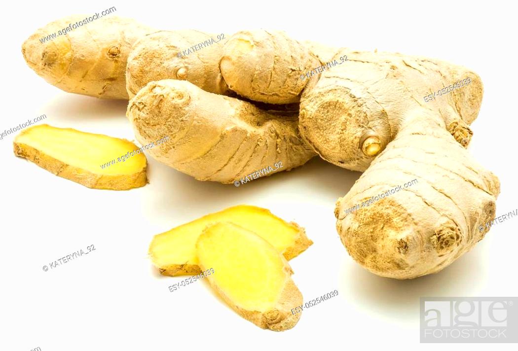 Stock Photo: One fresh whole and three sliced pieces of ginger rhizome isolated on white background.