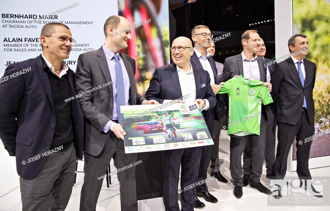 Stock Photo: Skoda Auto CEO Bernhard Maier (3rd from left) signed a sponsorship contract with Tour de France organiser A.S.O. up to 2023 during the 2019 Geneva International.