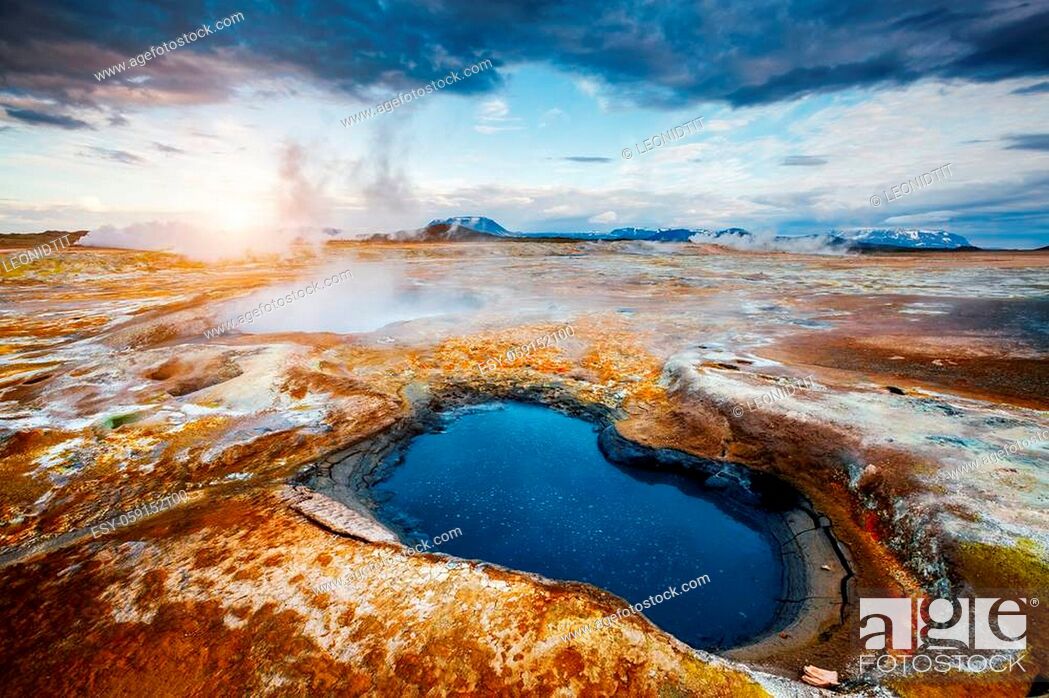 Stock Photo: Ominous view geothermal area Hverir (Hverarond). Popular tourist attraction. Dramatic and picturesque scene. Location place Lake Myvatn.