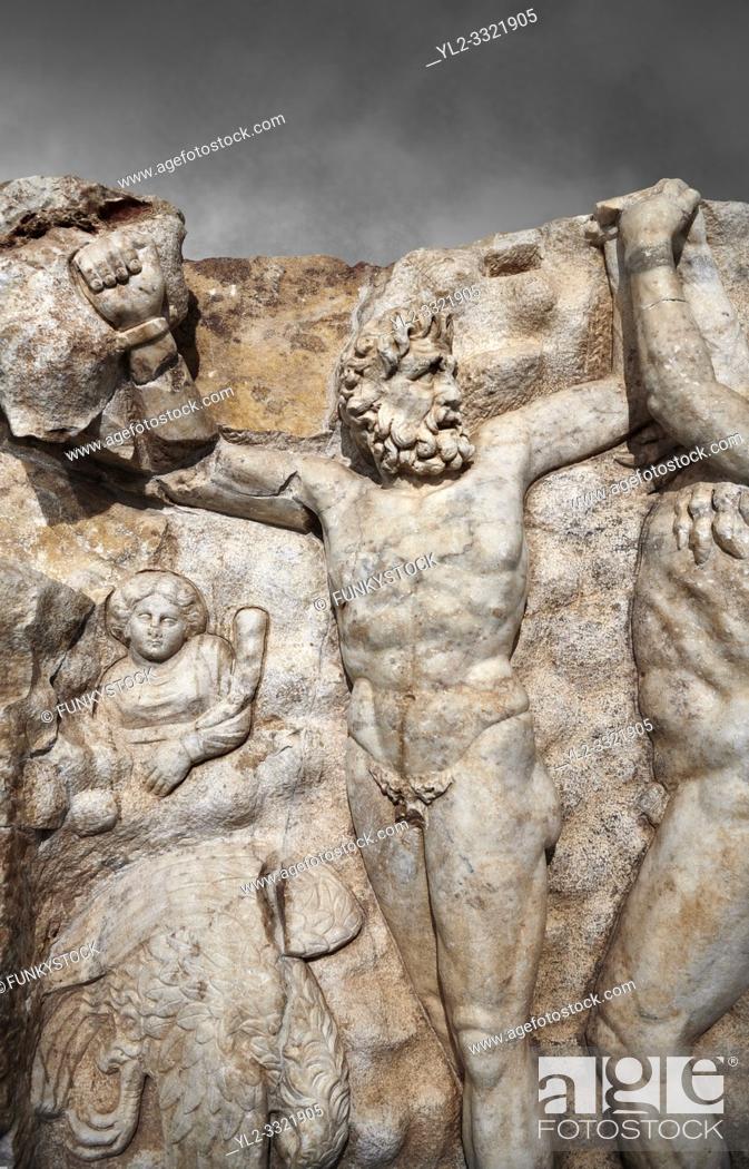 Stock Photo: Detail of a Roman Sebasteion relief sculpture of Zeus and Prometheus, Aphrodisias Museum, Aphrodisias, Turkey. Against a grey background. .