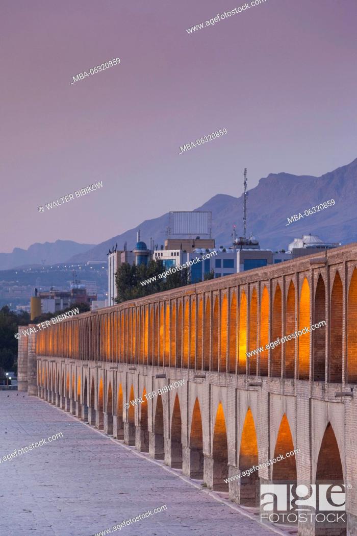 Stock Photo: Iran, Central Iran, Esfahan, Si-o-Seh Bridge, dawn.