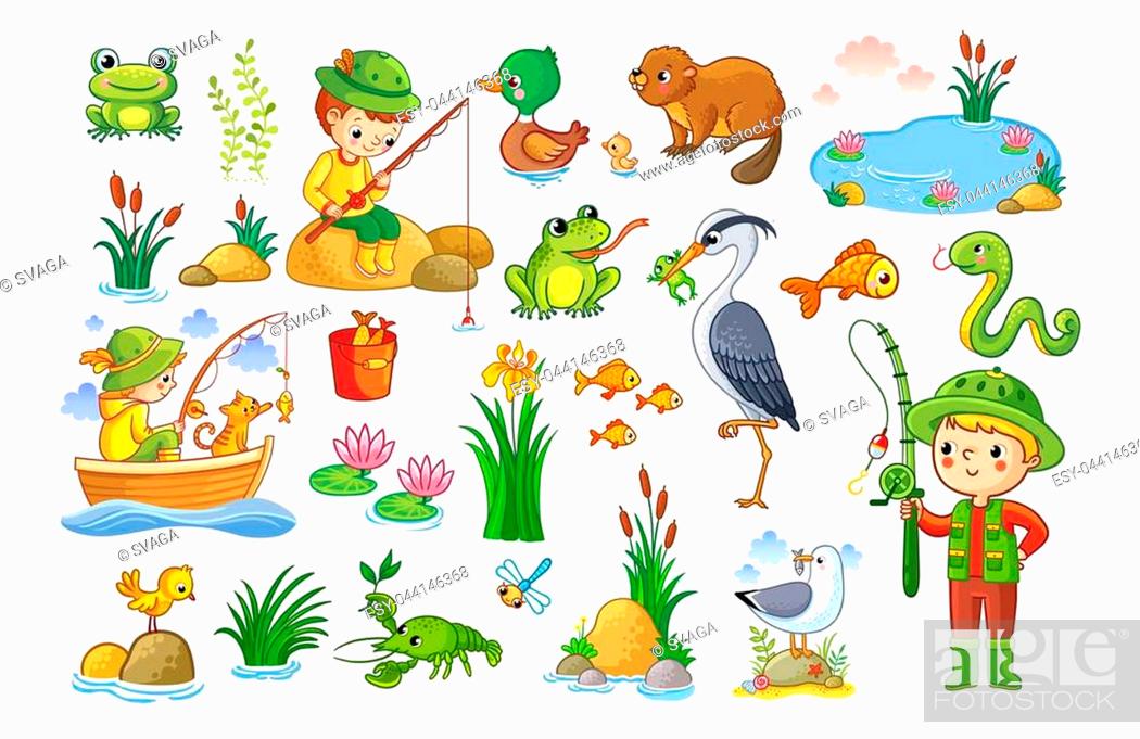 Vector set on a forest children theme. An animal pond. Children are  fishing, Stock Vector, Vector And Low Budget Royalty Free Image. Pic.  ESY-044146368 | agefotostock