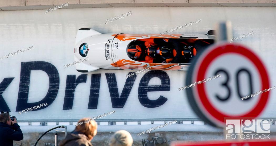 Stock Photo: Four-man bobsleigh with Ivo de Bruin, Tom den Ouden, Jeroen Piek and Janko Franjic of the Netherlands in action during the 1st run in Schoenau am Koenigssee.