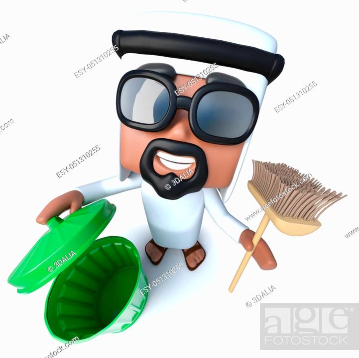 3d render of a funny cartoon Arab sheik character cleaning with a broom and  trash can, Stock Photo, Picture And Low Budget Royalty Free Image. Pic.  ESY-051310255 | agefotostock