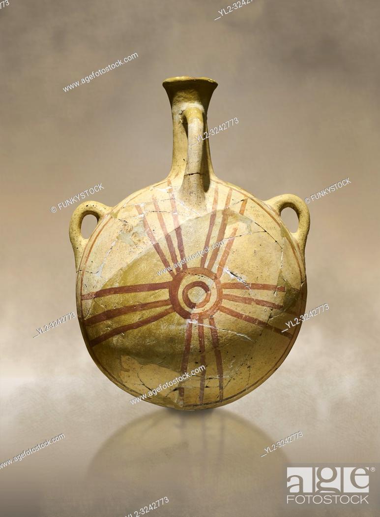 Stock Photo: Bronze Age Anatolian decorated terra cotta water flask - Kültepe Kanesh - Museum of Anatolian Civilisations, Ankara, Turkey.