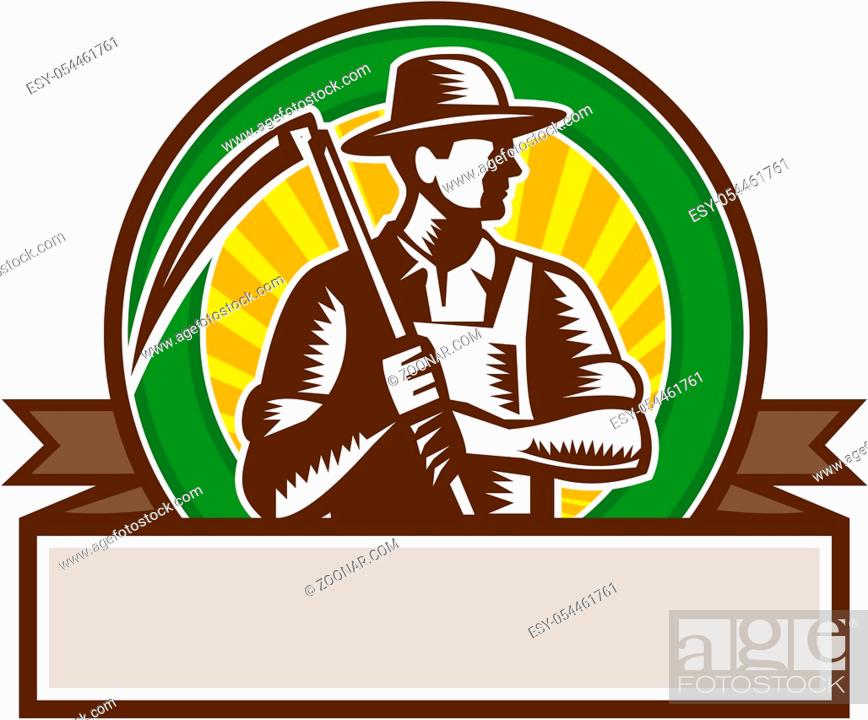 Stock Photo: Illustration of an organic farmer farm worker wearing hat holding scythe looking to the side set inside circle and banner with sunburst in the background done.
