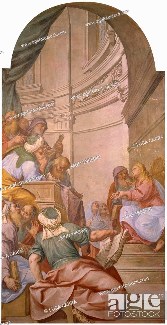 Stock Photo: The dispute among the Doctors in the Temple, by Anonimous Artist, 18th century. Italy, Lombardy, Monza, Cathedral. Whole artwork view.