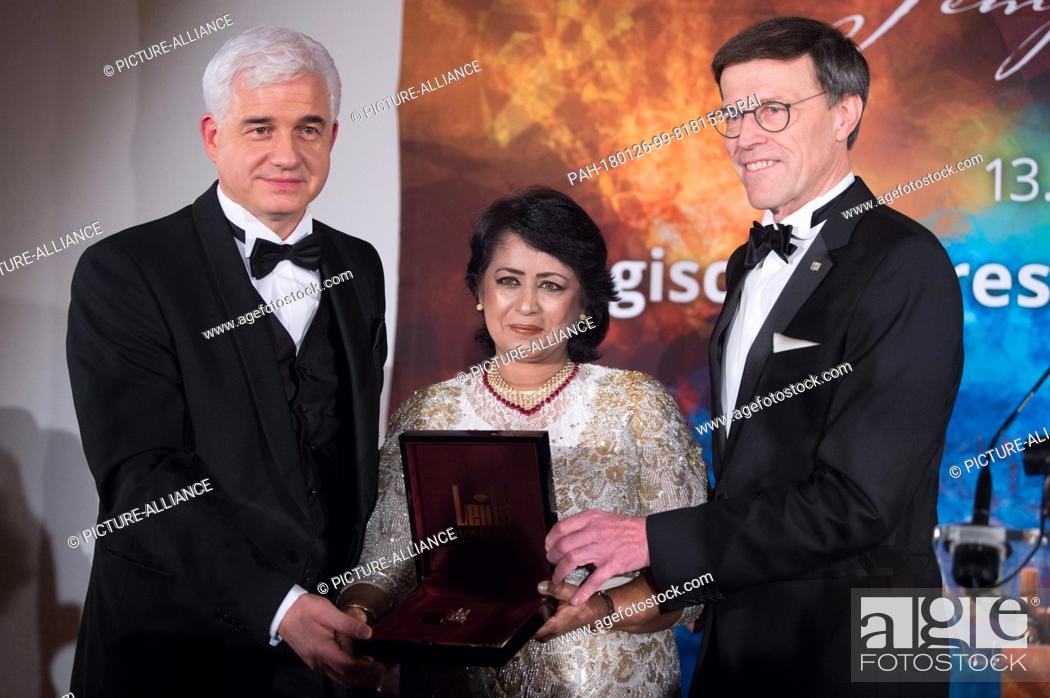 Stock Photo: The President of the Republic of Mauritius, Ameenah Gurib-Fakim, receives the Dresden St. George medal during a reception at the Taschenbergpalais Kempinski.
